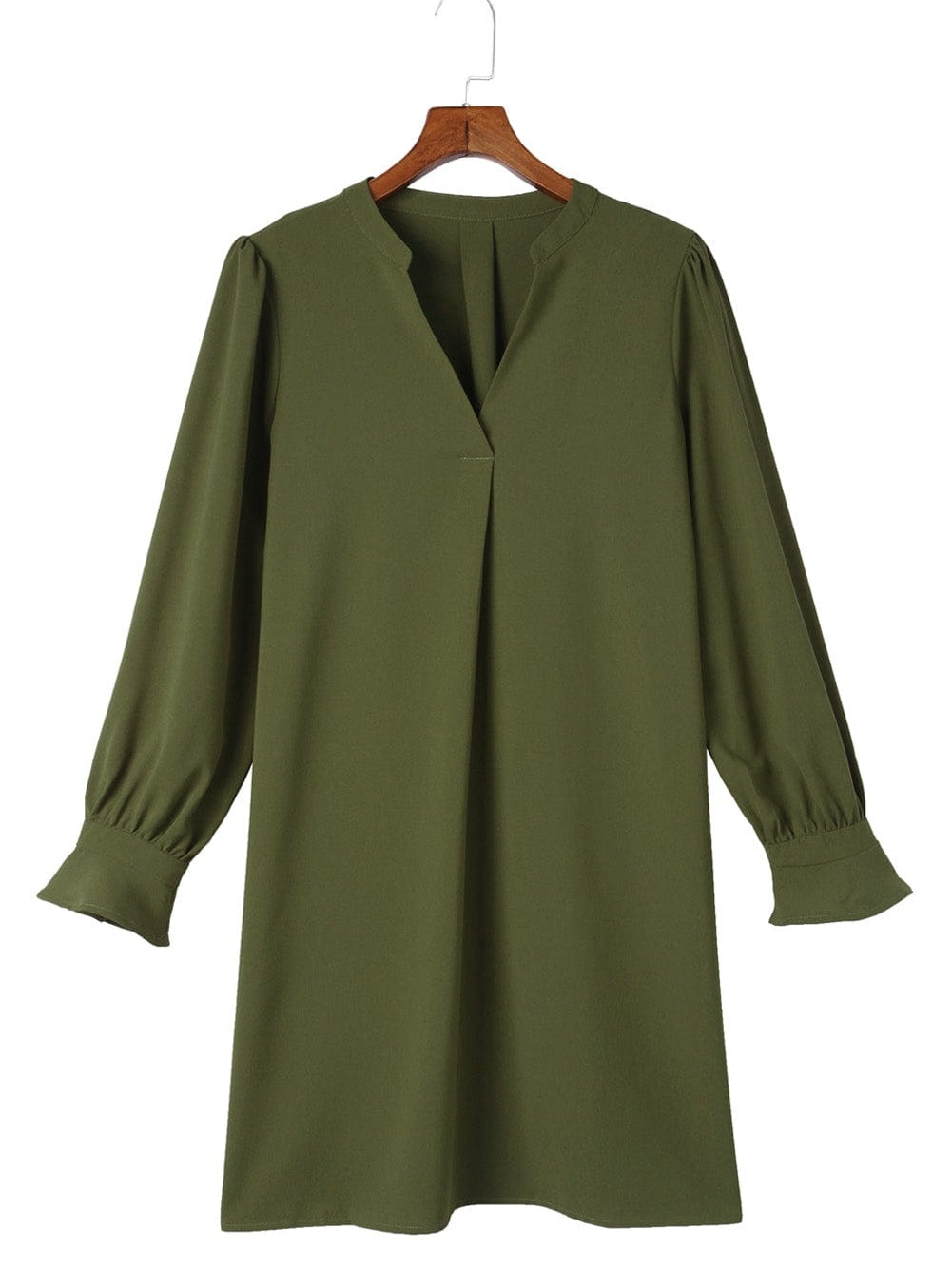 Green Flounced V Neck Shirt Dress with Ruffles