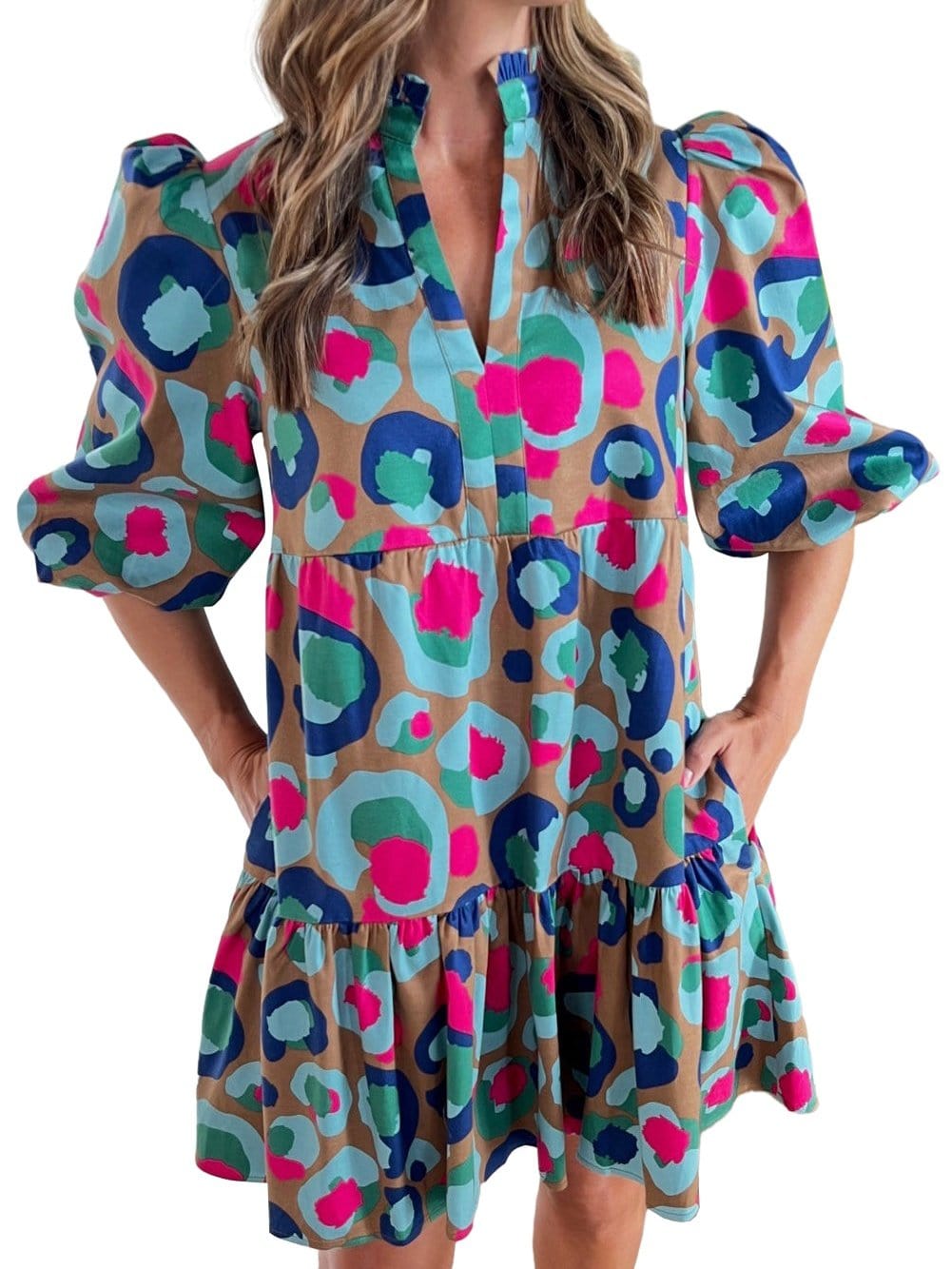 Green Leopard Print Ruffled Mini Dress with Bubble Sleeves