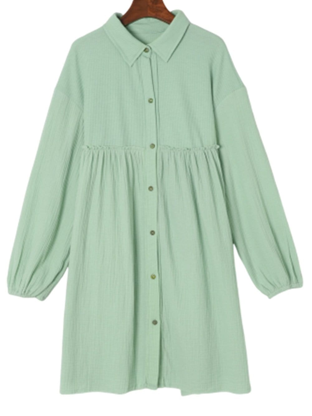 Green Patchwork Crinkle Puff Sleeve Shirt Dress with Eye-catching Design