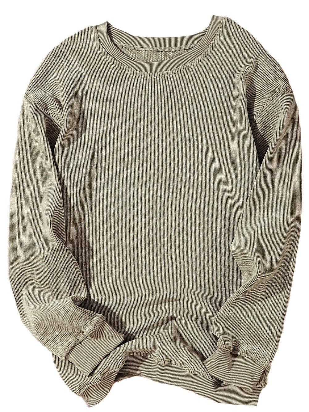Green Ribbed Knit Corduroy Round Neck Pullover Sweatshirt