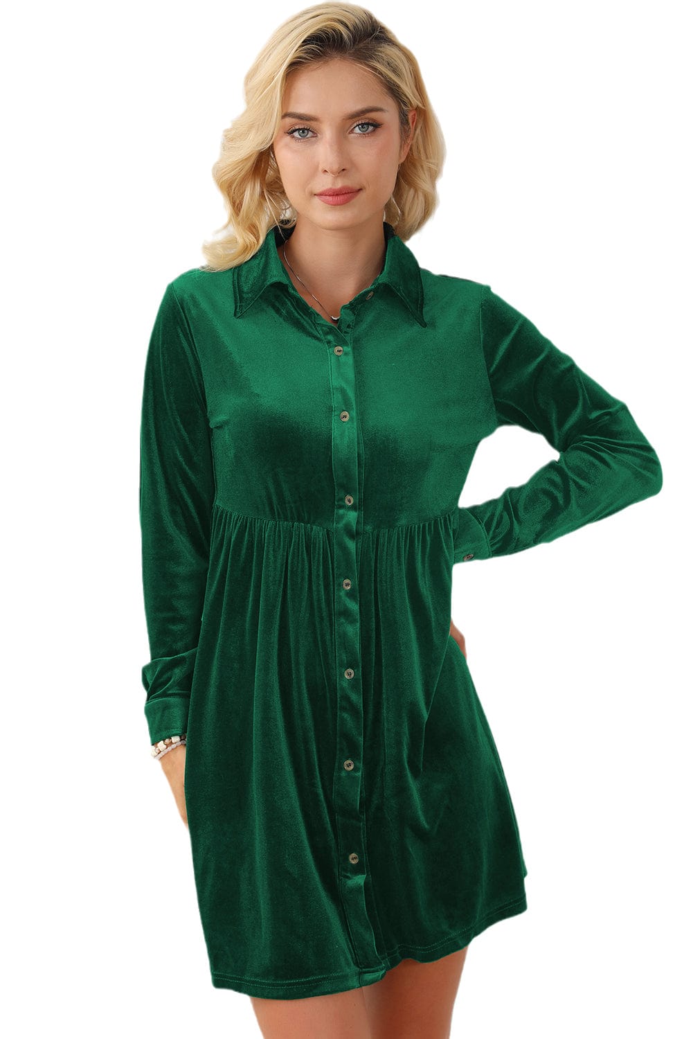 Green Velvet Ruffle Sleeve Button Up Mini Dress