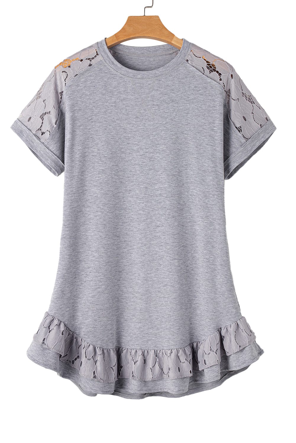 Grey Floral Lace Patchwork Ruffle T-shirt Mini Dress