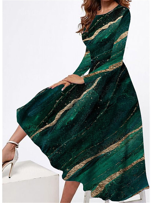 Women's Dress - Casual Dress Swing Dress Midi Dress Green Long Sleeve Color Gradient Pocket Winter Fall Spring Crew Neck Fashion Daily Weekend 2023 S M L XL XXL 3XL