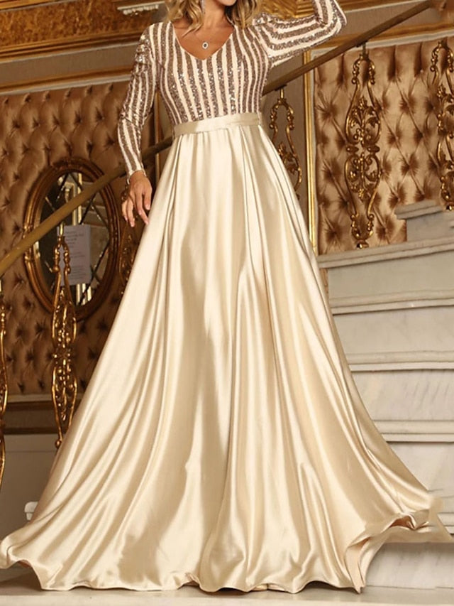 Women's Dress - Formal Party Dress Satin Dress Maxi Dress Green Khaki Silver Beige Black Long Sleeve Pure Color Sequins Winter V Neck Stylish Elegant Wedding Guest Fall Dress 2023 M L XL XXL 3XL 4XL