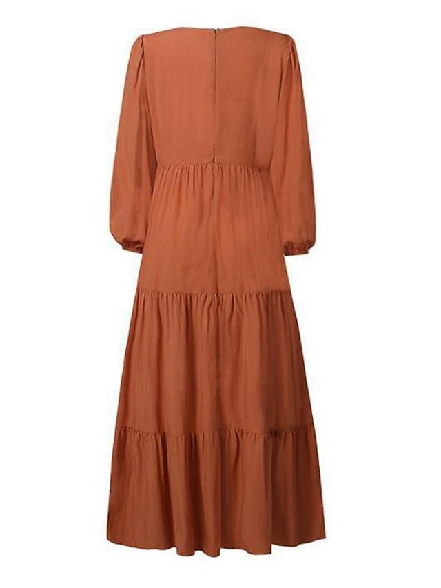 Women's Dress - Swing Dress Long Dress Maxi Dress Dark Green Brown Black Long Sleeve Pure Color Ruched Pleated Patchwork Fall Spring V Neck Boho Casual Fall Dress Lantern Sleeve Loose Fit M L XL XXL XXXL 4XL