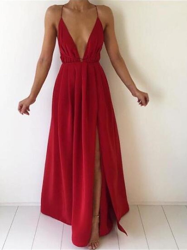 Women's Dress - Party Dress Wedding Guest Dress Swing Dress Long Dress Maxi Dress Black Pink Wine Sleeveless Pure Color Lace up Spring Summer Deep V 2023 S M L