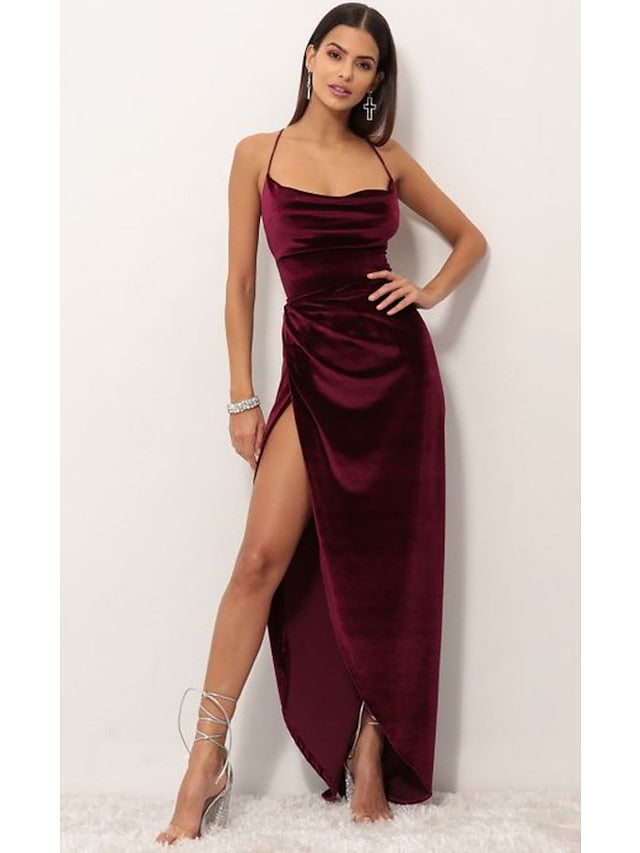 Women's Dress - Party Dress Wedding Guest Dress Velvet Dress Red Long Dress Maxi Dress Purple Red Wine Sleeveless Pure Color Lace up Split Velvet Spring Summer Spaghetti Strap Elegant Sexy Slim S M L XL XXL