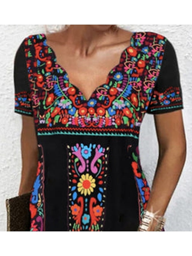 Women's Dress - Casual Dress Floral Dress Mini Dress Black Short Sleeve Print Print Spring Summer V Neck Basic Weekend Summer Dress Spring Dress 2023 S M L XL 2XL 3XL