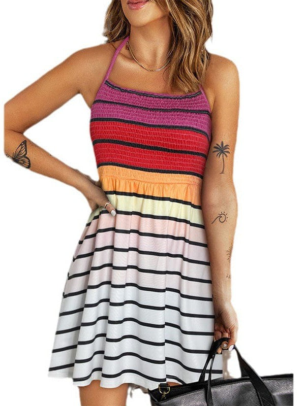 Halterneck Rainbow Striped Suspender Skirt - Short Sleeveless Gradient Dress