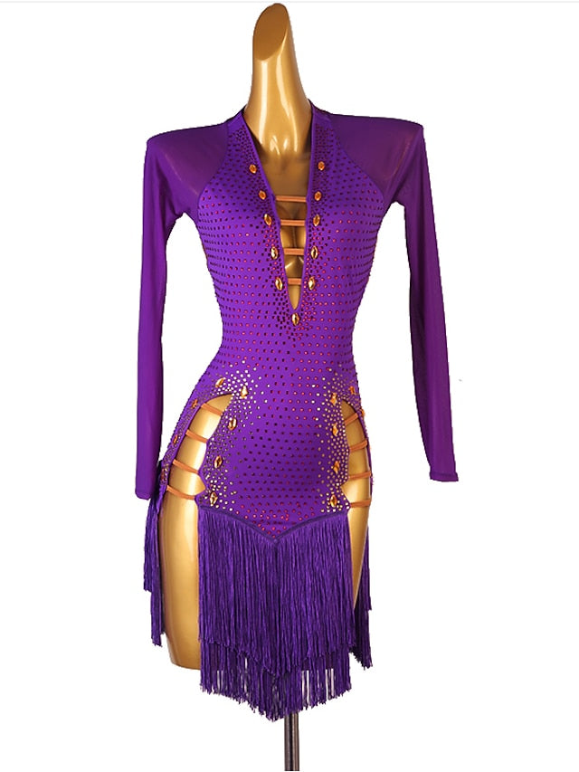 Latin Dance Dress Tassel Crystals / Rhinestones Women's Performance Long Sleeve Chinlon Mesh - LuckyFash™