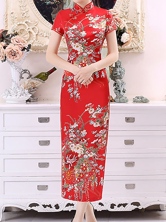 Women's Dress - Cheongsam Floral Mandarin Collar Chinoiserie Dress Long Dress Maxi Dress Light Pink Black Blue Short Sleeve Spring Summer Weekend S M L XL XXL 3XL 4XL 5XL 6XL