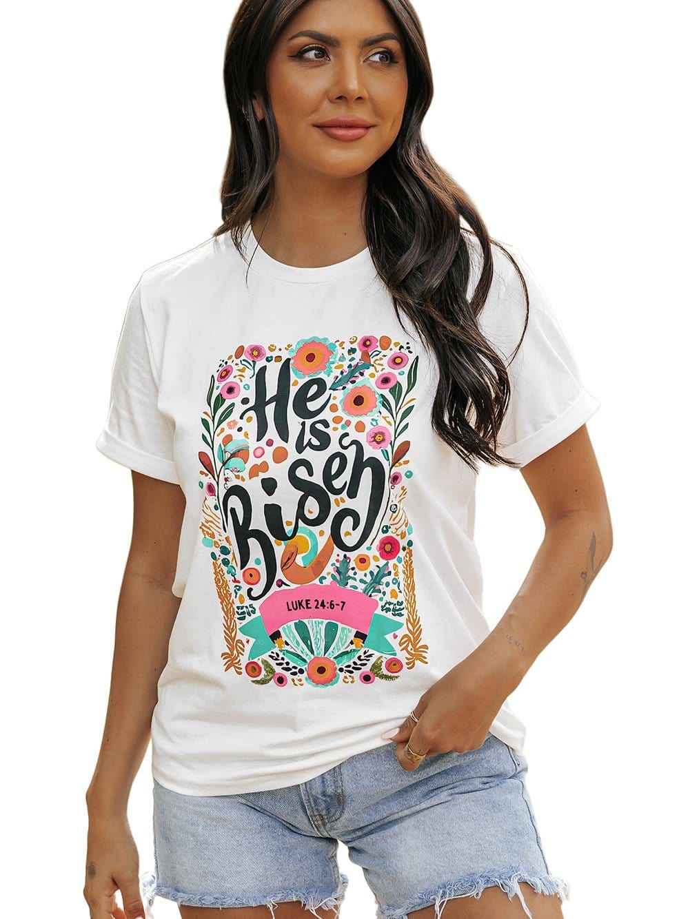 He Has Risen White Floral Round Neck Tee