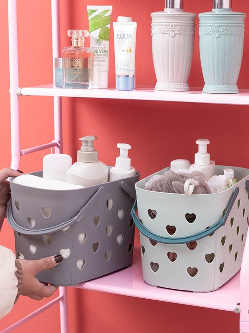 Heart-shaped Gray Plastic Storage Basket with Handles