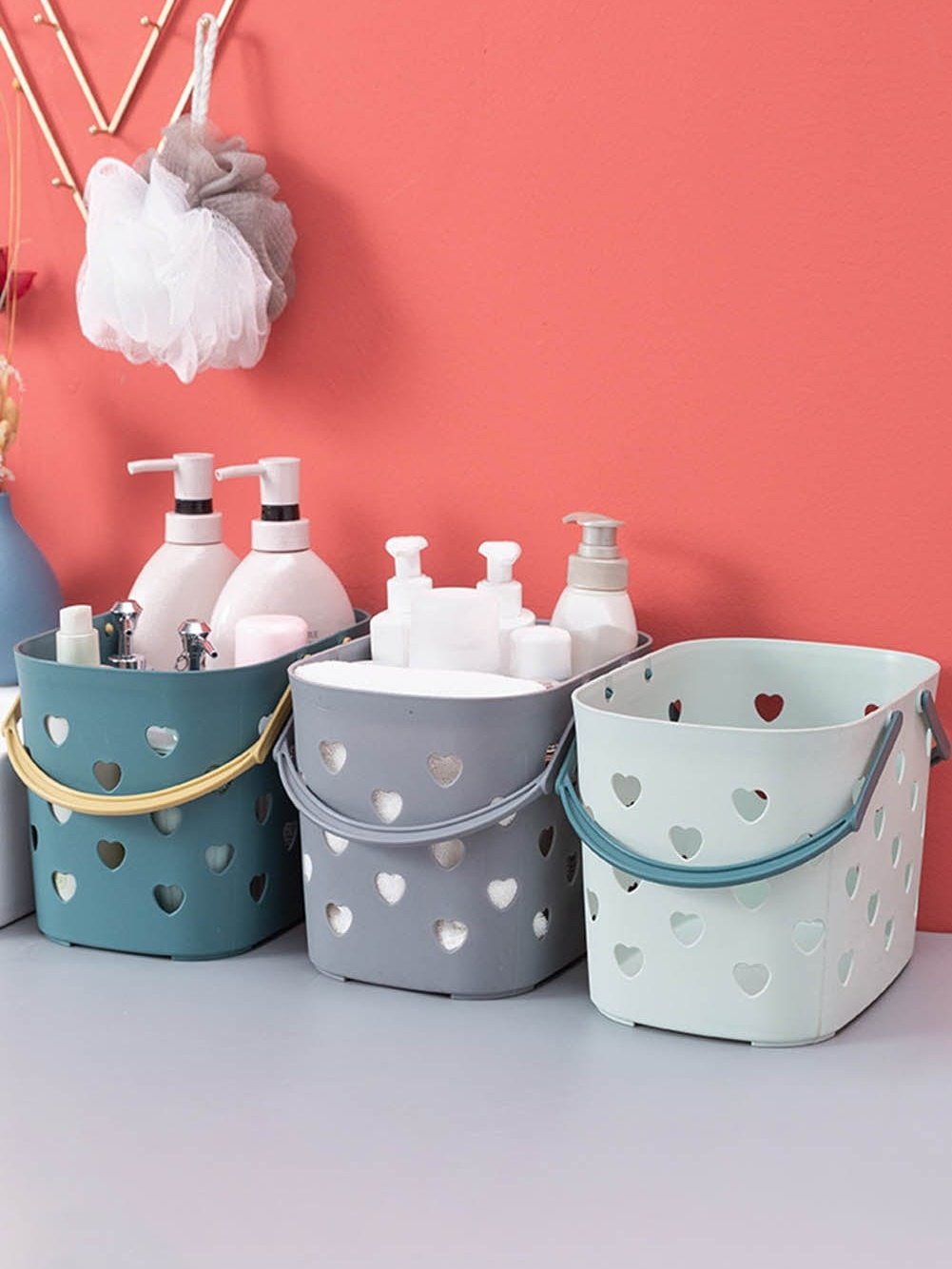 Heart-shaped Gray Plastic Storage Basket with Handles