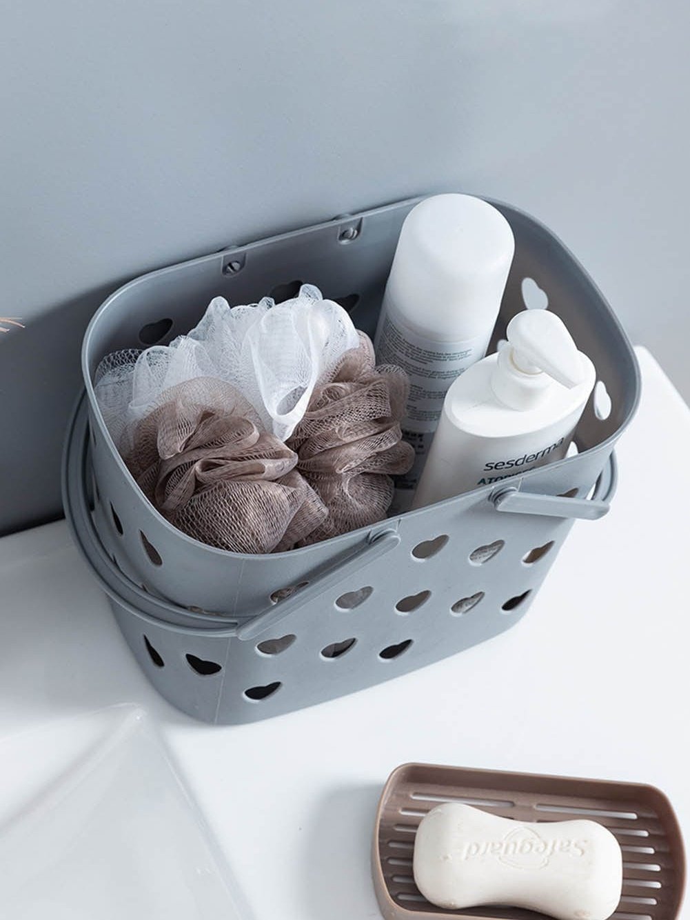 Heart-shaped Gray Plastic Storage Basket with Handles