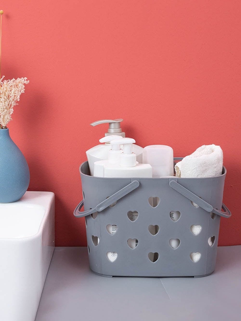 Heart-shaped Gray Plastic Storage Basket with Handles