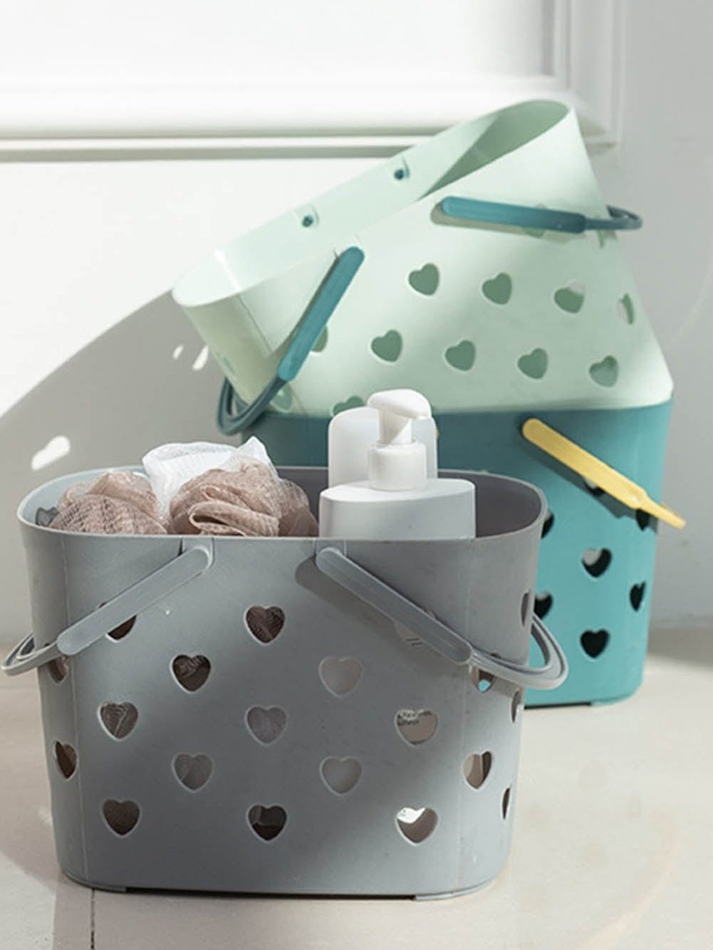 Heart-shaped Gray Plastic Storage Basket with Handles