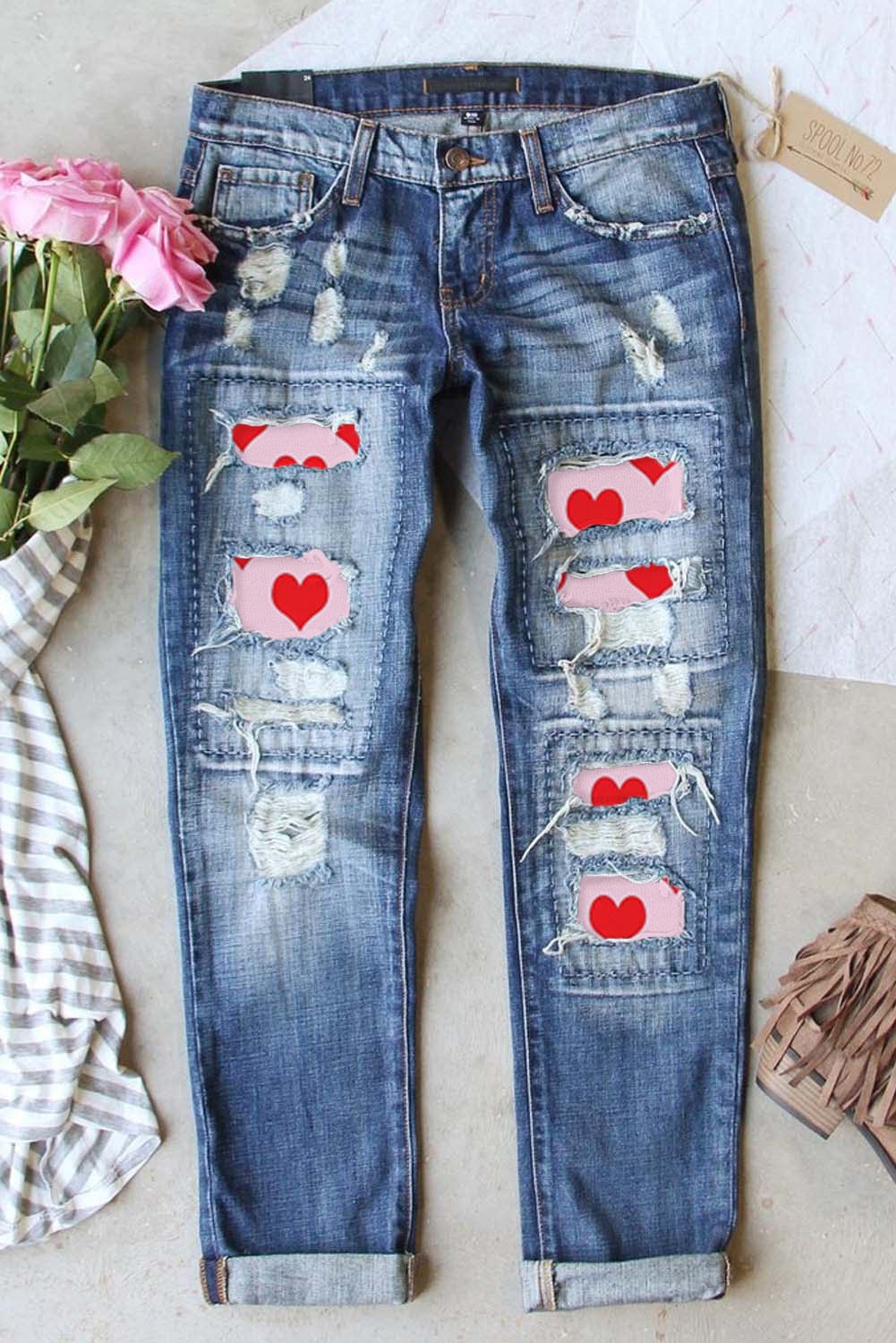 Heartfelt Sky Blue Patchwork Jeans for Valentine's Day