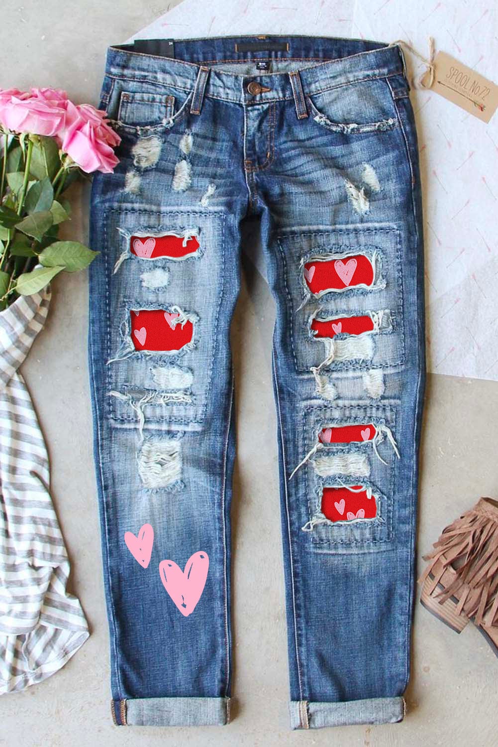 Heartfelt Sky Blue Patchwork Jeans with Distressed Details