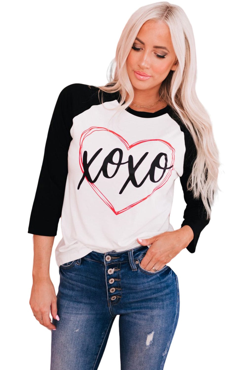 Heartwarming XOXO Patchwork Long Sleeve Tee with Color-Contrasted Sleeves
