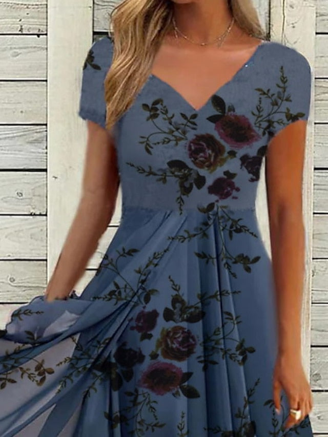 Women's Dress - Casual Dress Chiffon Dress Swing Dress Midi Dress Navy Blue Short Sleeve Floral Print Summer Spring V Neck Fashion Vacation 2023 S M L XL XXL 3XL