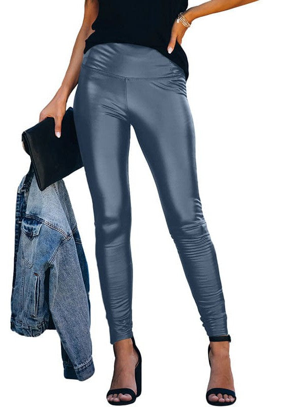 High Waist Elastic Leather Pencil Pants in Solid Colors for Stylish Women