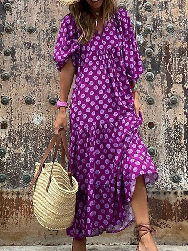 Women's Dress - Casual Dress Swing Dress Long Dress Maxi Dress Wine Blue Dark Green 3/4 Length Sleeve Floral Print Summer Spring Fall V Neck Fashion Vacation Fall Dress Summer Dress Regular Fit 2023 S M L XL