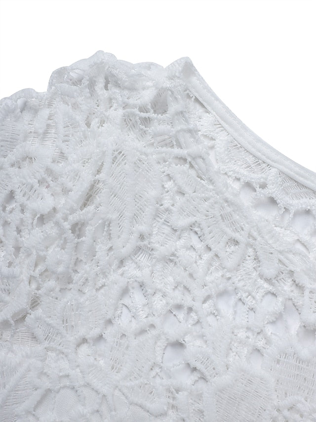 Women's Dress - Party Dress Wedding Guest Dress Lace Dress White Dress Knee Length Dress White 3/4 Length Sleeve Pure Color Lace Fall Spring Summer Crew Neck Party Party Vacation 2022 S M L XL
