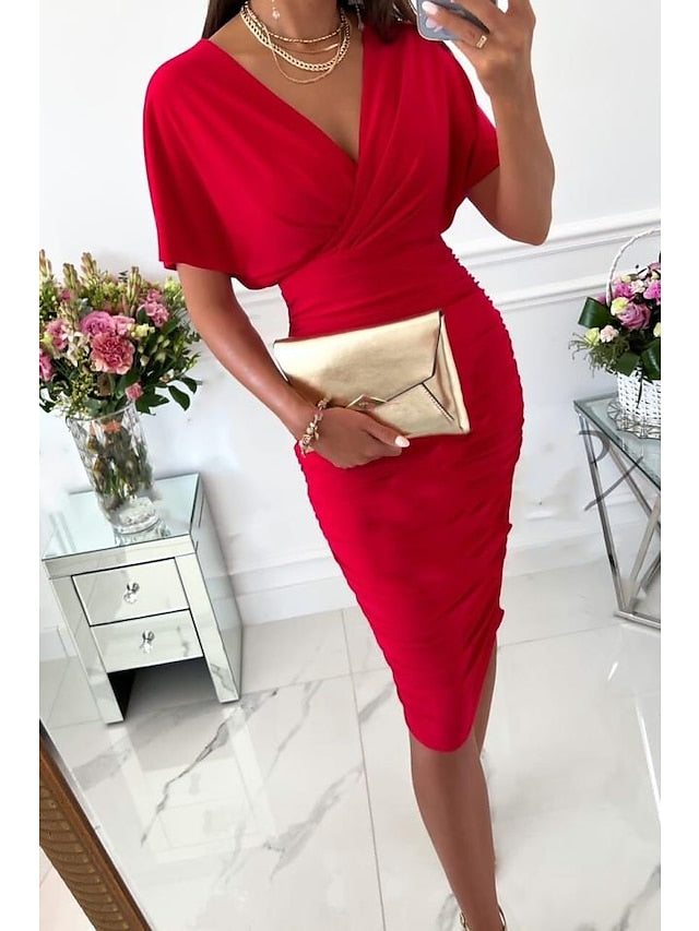 Women's Dress - Bodycon Midi Dress Red Green Beige Short Sleeve Pure Color Patchwork Spring Summer V Neck Stylish 2023 S M L XL XXL