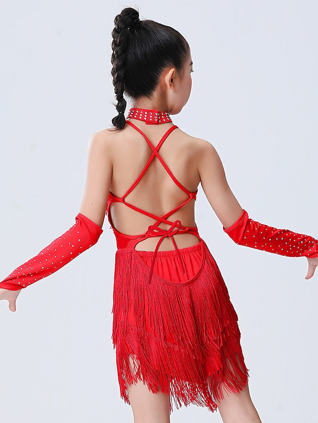 Latin Dance Dress Tassel Side Draping Ruching Girls' Performance Training Sleeveless Polyester - LuckyFash™