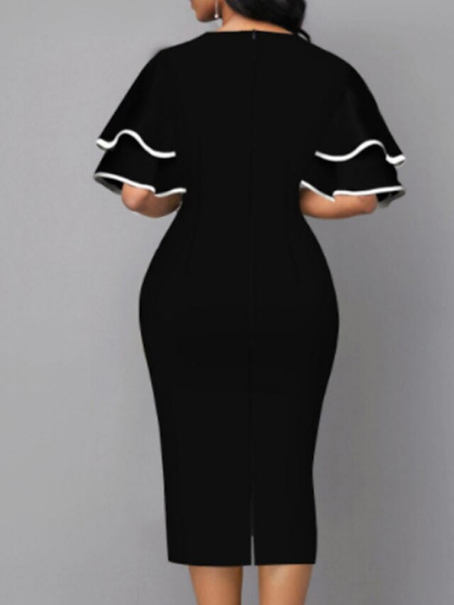 Women's Dress - Bodycon Sheath Dress Modern Dress Midi Dress Yellow Wine Royal Blue Half Sleeve Print Ruffle Summer Spring V Neck Stylish 2023 S M L XL XXL 3XL 4XL 5XL