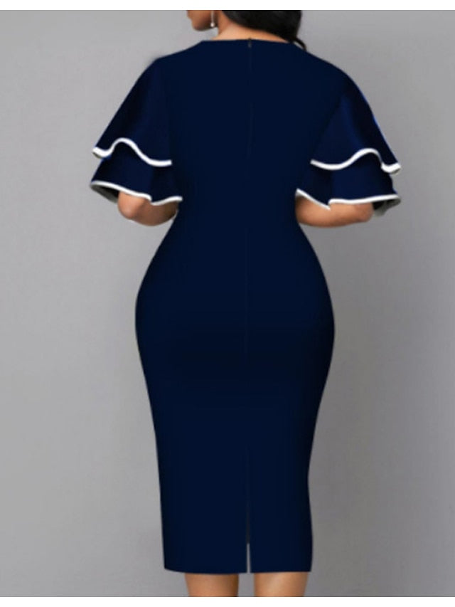 Women's Dress - Bodycon Sheath Dress Modern Dress Midi Dress Yellow Wine Royal Blue Half Sleeve Print Ruffle Summer Spring V Neck Stylish 2023 S M L XL XXL 3XL 4XL 5XL