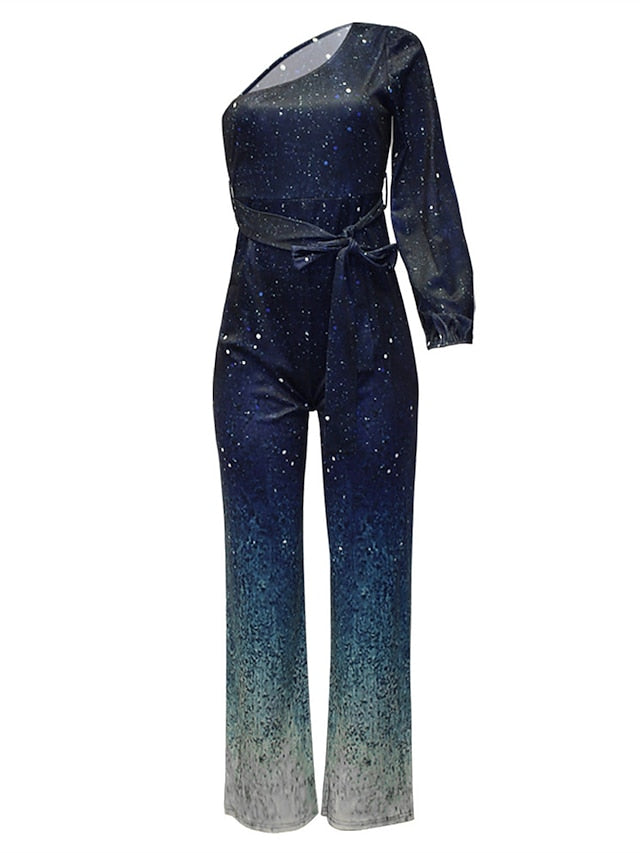 Women's Jumpsuit Lace up Backless Gradient One Shoulder Streetwear Party Birthday Regular Fit Long Sleeve Blue S M L Summer - LuckyFash™