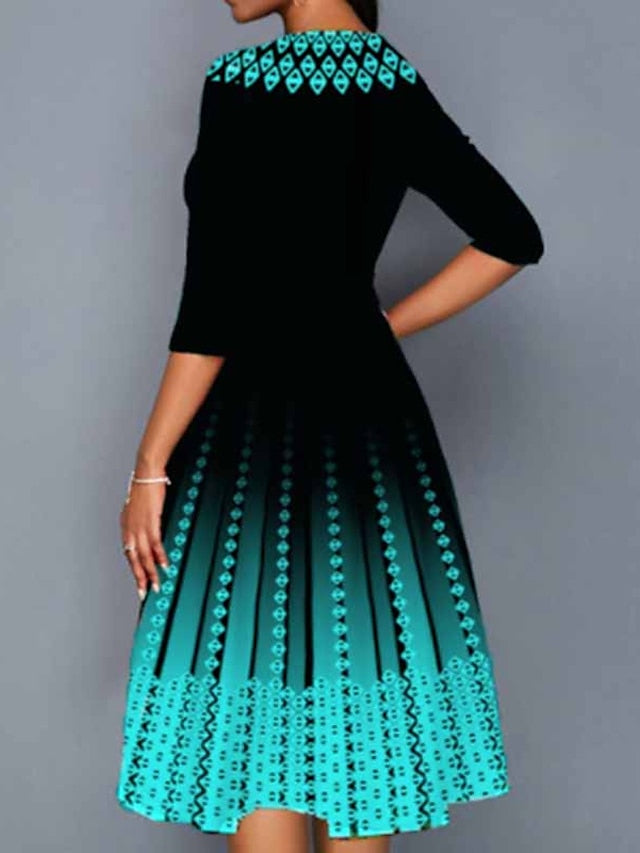 Women's Dress - Work Dress Swing Dress Church Dress Midi Dress Red Royal Blue Blue 3/4 Length Sleeve Print Print Summer Spring Crew Neck Elegant 2023 S M L XL XXL 3XL 4XL 5XL