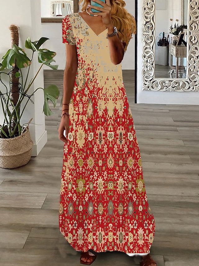 Women's Dress - Long Dress Maxi Dress Casual Dress Print Dress Graphic Marbling Fashion Modern Daily Holiday Vacation Print Short Sleeve V Neck Dress Regular Fit White Yellow Light Green Summer Spring XS S M