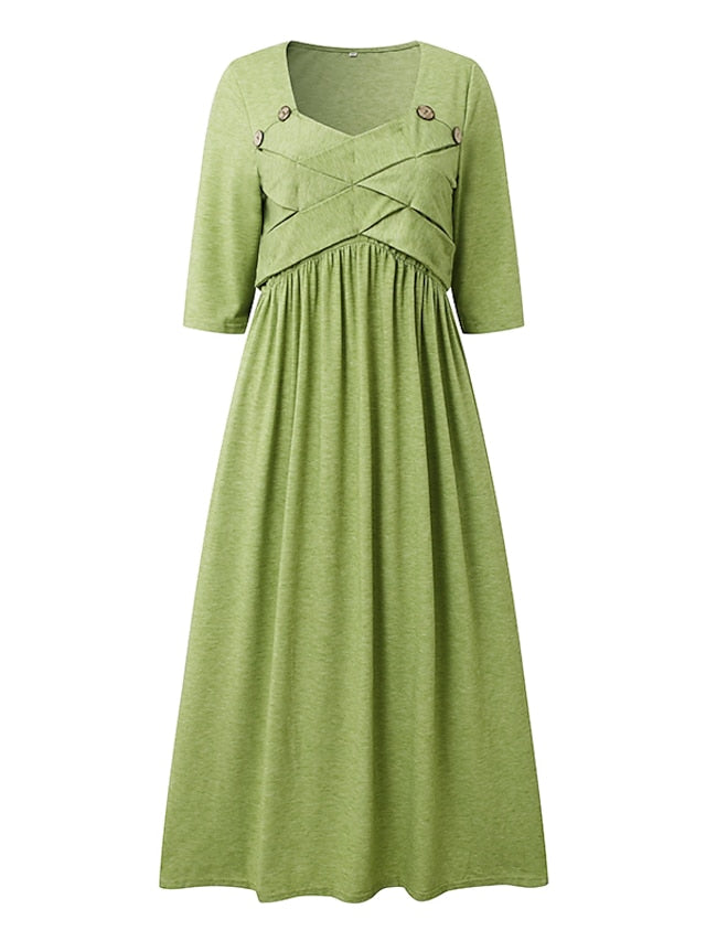 Women's Dress - Casual Dress Pleated Dress Plain Dress Plain Ruched Pocket Square Neck Midi Dress Fashion Modern Daily Vacation 3/4 Length Sleeve Regular Fit Pink Purple Green Summer Spring S M L XL XXL