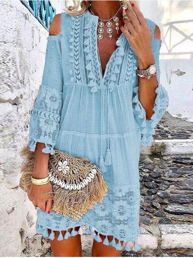 Women's Dress - Shift Dress Boho Dress Mini Dress White Yellow Pink 3/4 Length Sleeve Pure Color Tassel Fringe Summer Spring V Neck Vacation Loose Fit 2023 S M L XL XXL 3XL 4XL 5XL