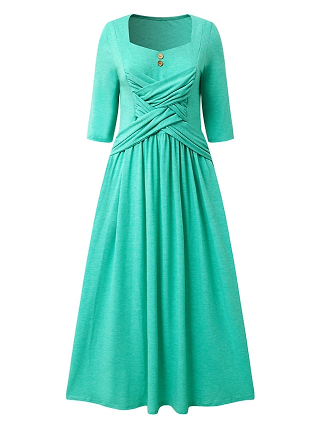 Women's Dress - Casual Dress Summer Dress Pleated Dress Plain Ruched Button V Neck Midi Dress Fashion Basic Outdoor Daily Half Sleeve Loose Fit Dark Green Green Summer Spring S M L XL XXL