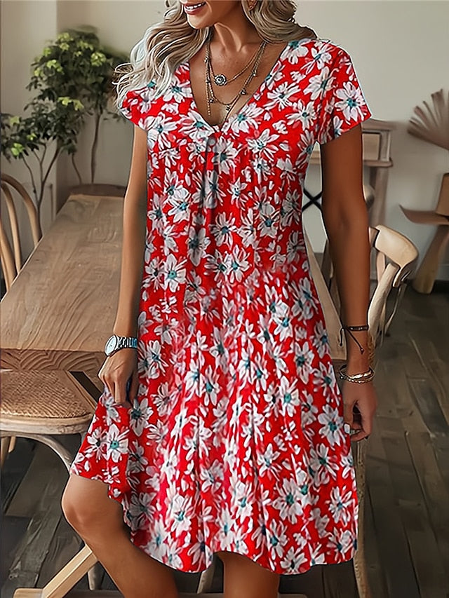Women's Dress - Casual Dress Summer Dress Print Dress Leaf Floral Print V Neck Midi Dress Fashion Modern Outdoor Daily Short Sleeve Regular Fit Black White Yellow Summer Spring S M L XL XXL
