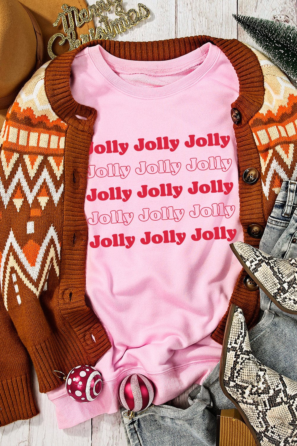 Holiday Joy Pink Jolly Letter Print Sweatshirt