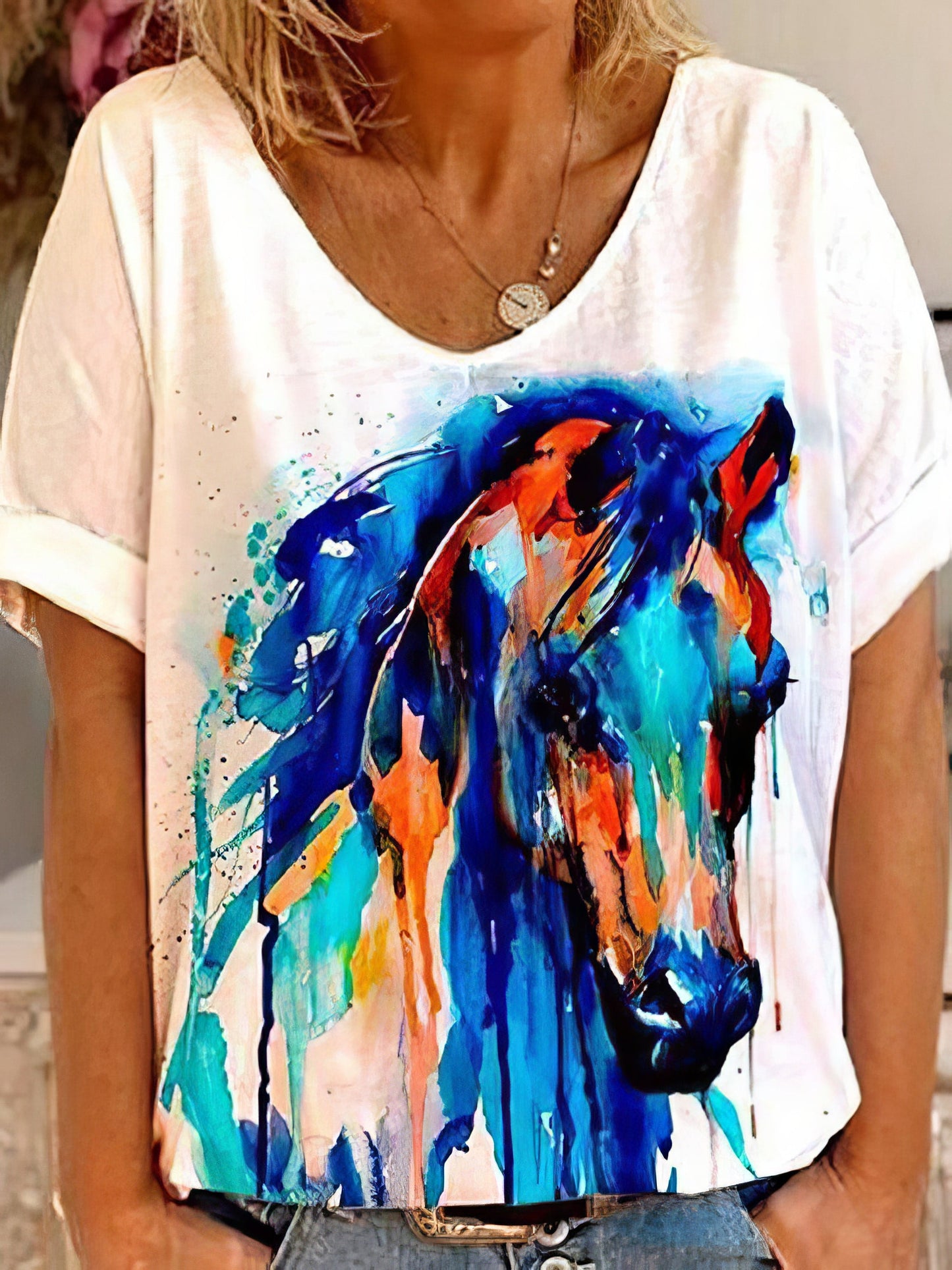 T-Shirts - Horse Head Print Short Sleeve V-Neck T-Shirt - MsDressly