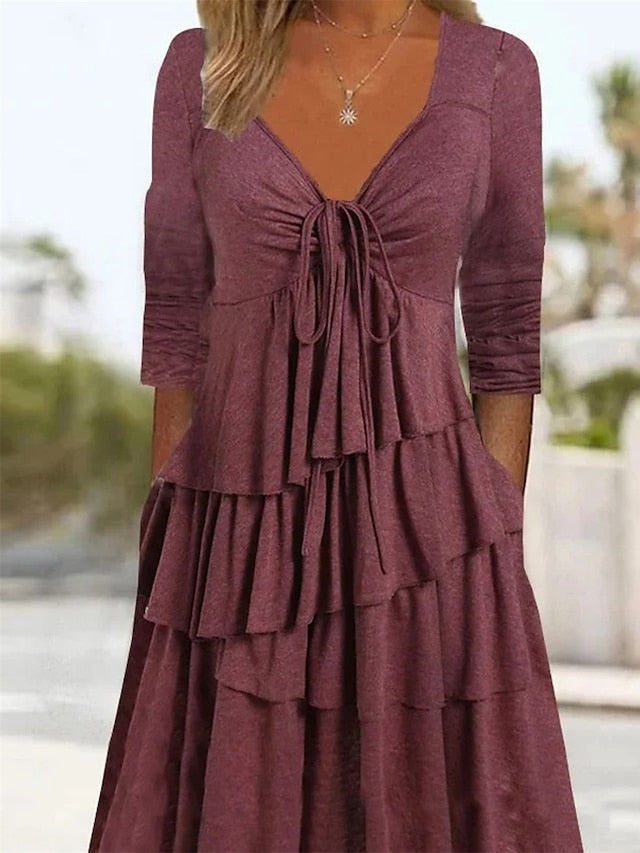 Women's Dress - Casual Dress Summer Dress Loose Dress Plain Ruched Twist V Neck Midi Dress Fashion Basic Outdoor Daily Long Sleeve Loose Fit Light Green Pink Wine Summer Spring S M L XL XXL