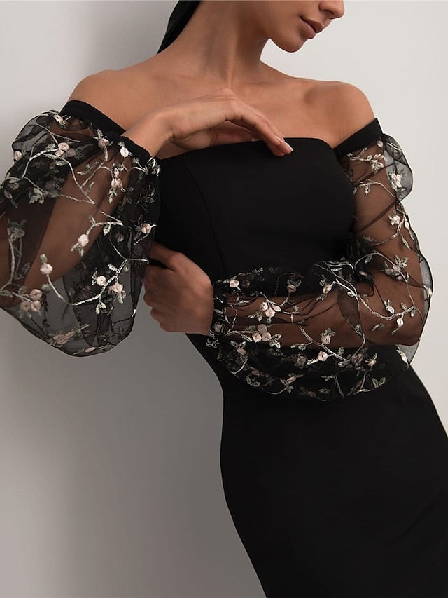 Women's Dress - Semi Formal Party Dress Sheath Dress Midi Dress Black White Long Sleeve Floral Mesh Fall Spring Square Neck Winter Dress Wedding Guest Mesh S M L XL