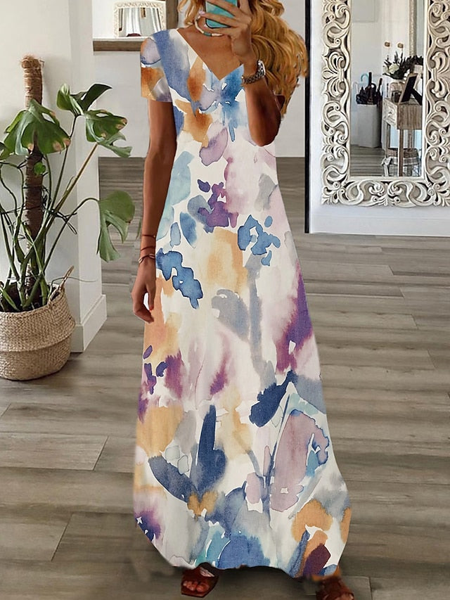 Women's Dress - Long Dress Maxi Dress Casual Dress Print Dress Graphic Floral Fashion Modern Daily Holiday Vacation Short Sleeve V Neck Dress Regular Fit White Pink Wine Summer Spring S M L XL 2XL 3XL 4XL 5XL