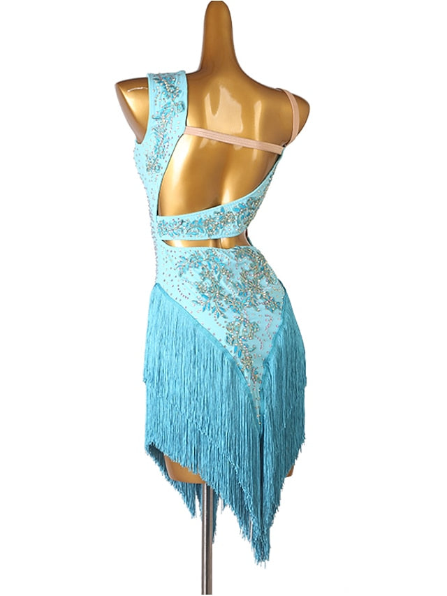 Latin Dance Dress Tassel Split Joint Crystals / Competition Dress Rhinestones Women's Performance Sleeveless Chinlon - LuckyFash™