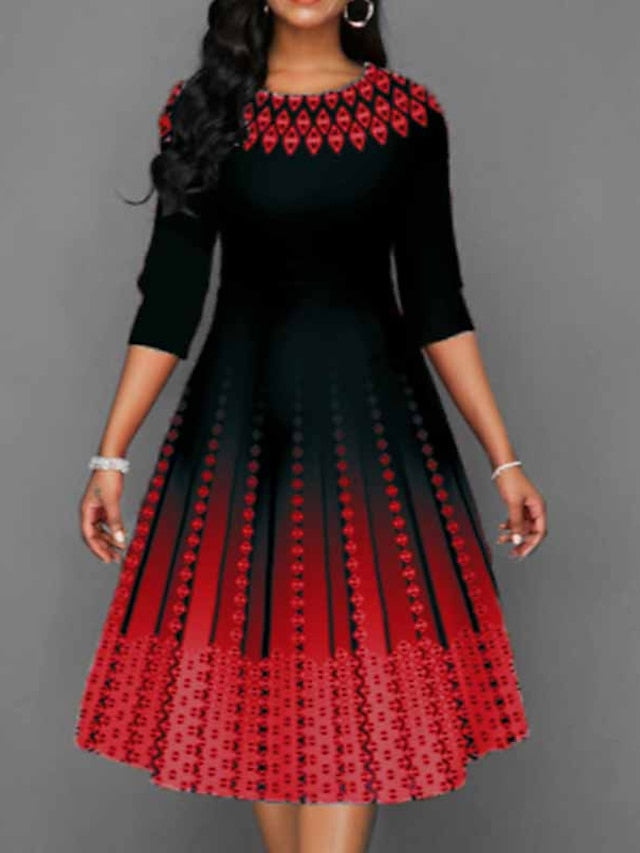 Women's Dress - Work Dress Swing Dress Church Dress Midi Dress Red Royal Blue Blue 3/4 Length Sleeve Print Print Summer Spring Crew Neck Elegant 2023 S M L XL XXL 3XL 4XL 5XL