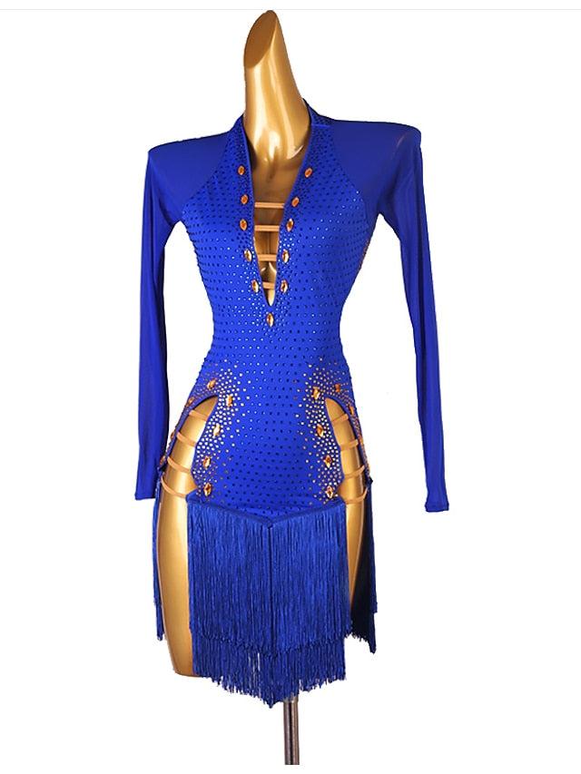 Latin Dance Dress Tassel Crystals / Rhinestones Women's Performance Long Sleeve Chinlon Mesh - LuckyFash™