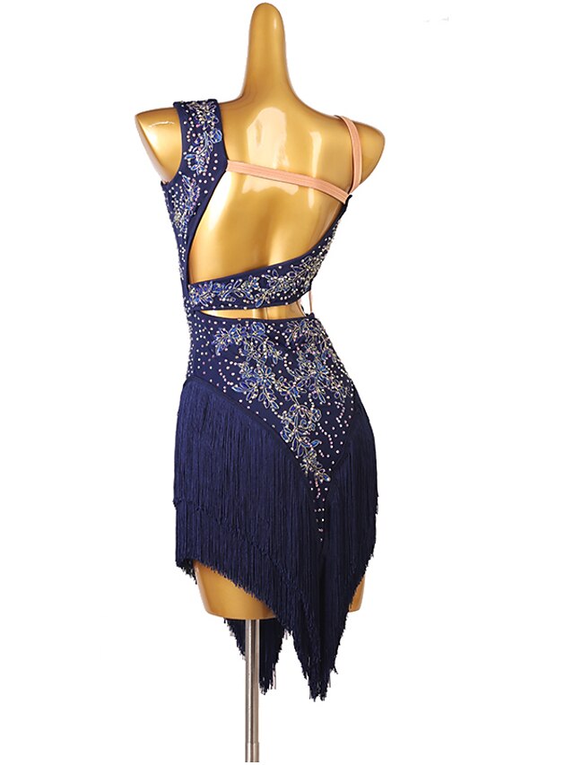 Latin Dance Dress Tassel Split Joint Crystals / Competition Dress Rhinestones Women's Performance Sleeveless Chinlon - LuckyFash™