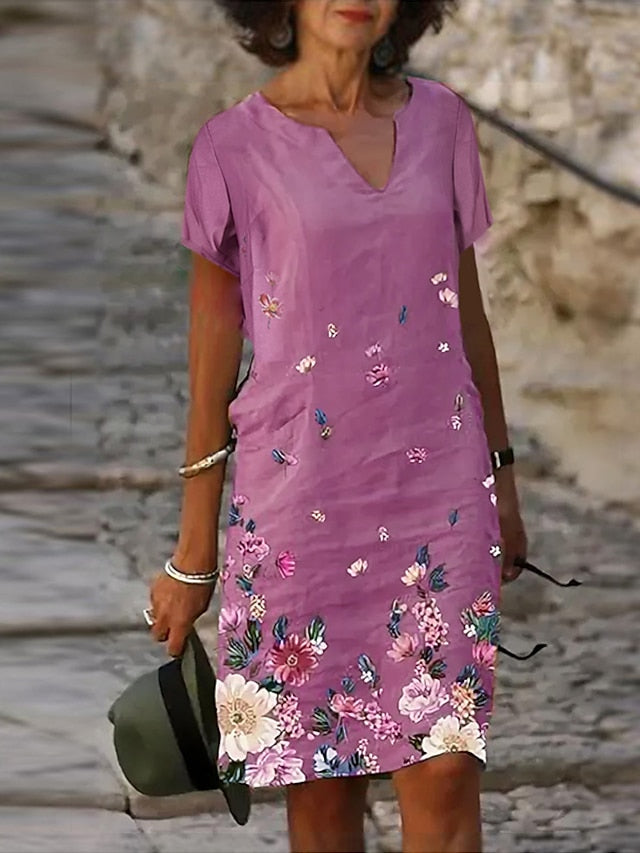 Women's Dress - Casual Dress Midi Dress Black Lavender Fuchsia Short Sleeve Print Print Spring Summer V Neck Casual S M L XL XXL 3XL