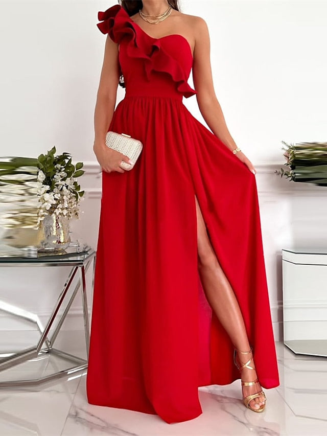 Women's Dress - Party Dress Wedding Guest Dress Swing Dress Long Dress Maxi Dress Green Black Wine Sleeveless Pure Color Ruffle Spring Summer One Shoulder Party Slim 2023 S M L XL XXL